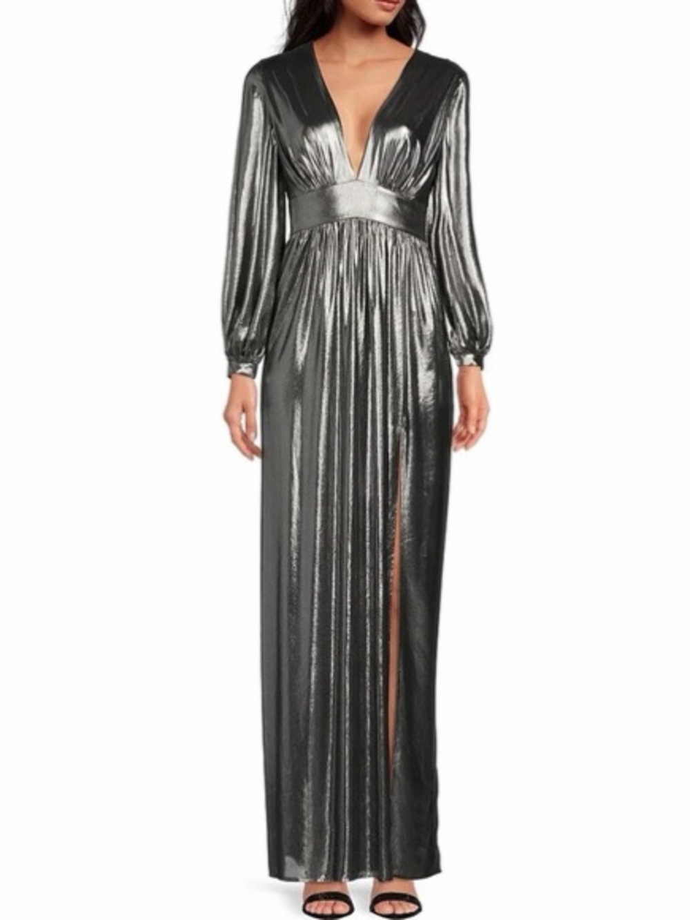 NWT Gianni Bini Zella Metallic Plunging V-Neck Long Sleeve Gown Size 0
